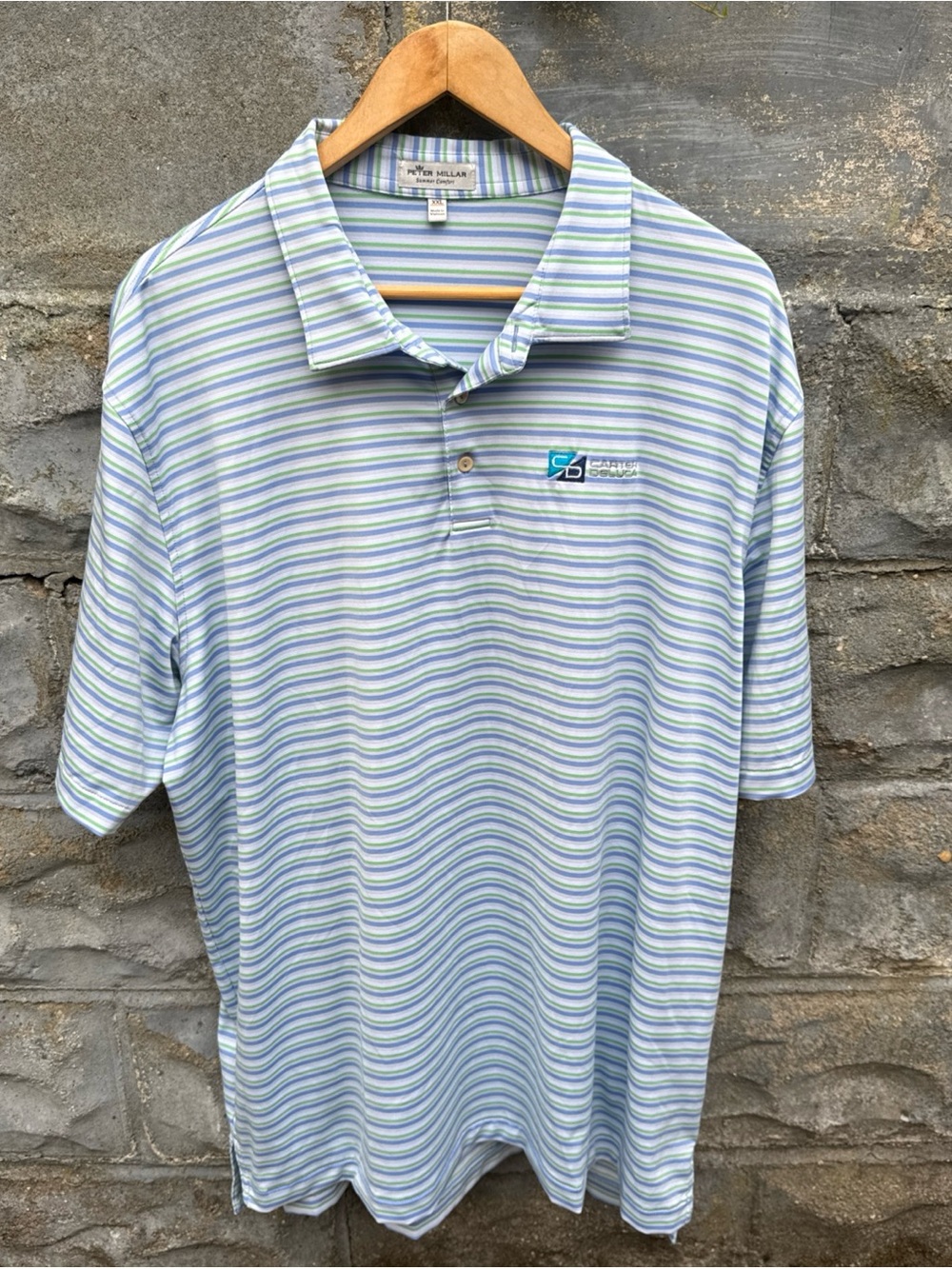 Peter Millar Summer Comfort Polo Shirt Mens 2XL Blue Green Striped Golf